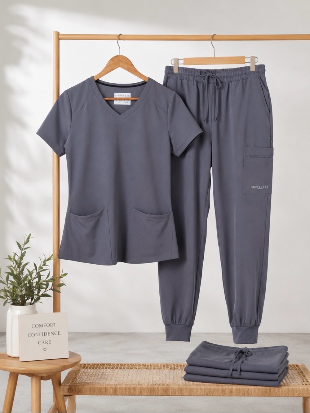 Skechers Gray Scrub Set V Neck Top Jogger Pants Drawstring Waist size M
